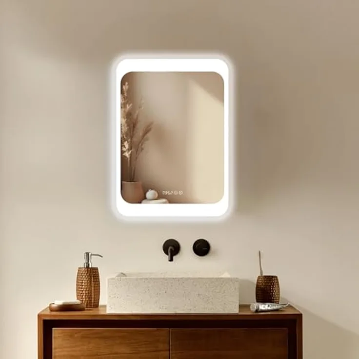 HOKO LED Badspiegel KÖLN 50x70 cm, antibeschlagfähig mit Digitaluhr und Touch-Wandschalter, Design Wandspiegel für Badezimmer
