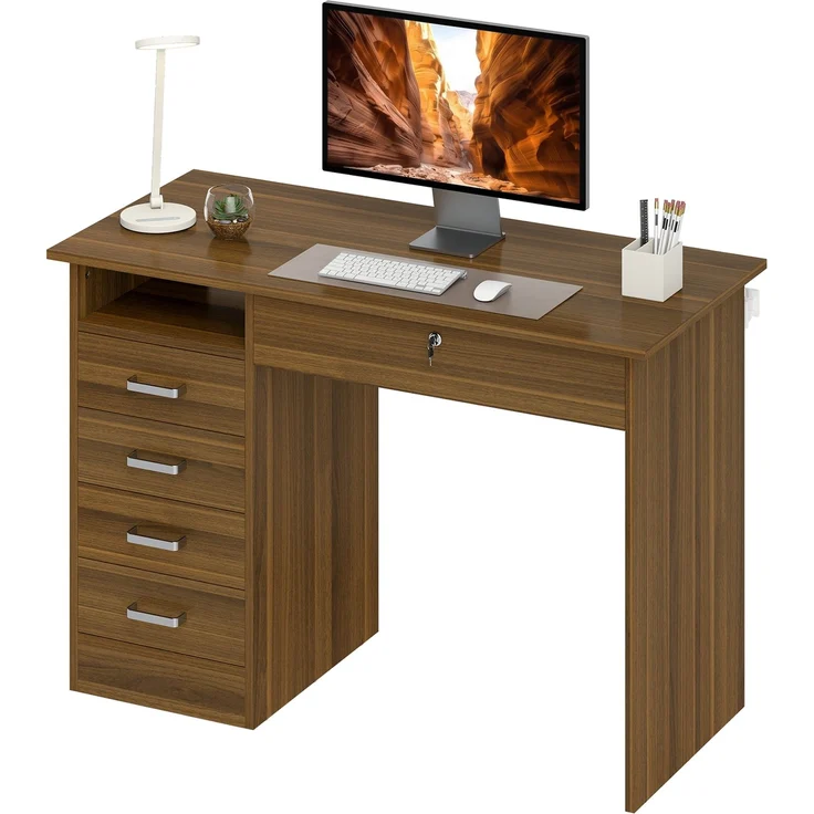 Schreibtisch mit 5 Schubladen, 110 x 50 cm, Schreibtisch mit Stauraum, offenes Regal, abschließbare Schublade, Nussbaum – Bild 2