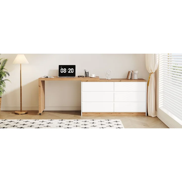 ZUBALIYA Schreibtisch mit feststellbaren Rollen – multifunktionales Design, 4 cm dickere, drehbare Tischplatte, fest arretierbar, weiß/Eiche, Faltbarer Schreibtisch, Eckschreibtisch, Sideboard,Dicke Materialie – Modell N880P4642189O – Bild 24