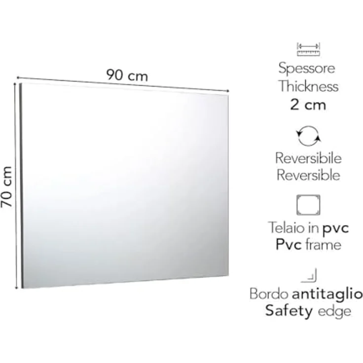 KIAMAMI VALENTINA Badezimmerspiegel 90x70 cm umkehrbar, elegantes rechteckiges Design mit hellgrauer ABS-Kante und stabilem Unterstützungsrahmen – Bild 2