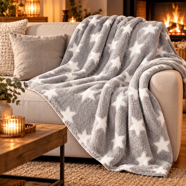 Kuscheldecke mit Sternen Hellgrau 180x220 cm – Bild 3