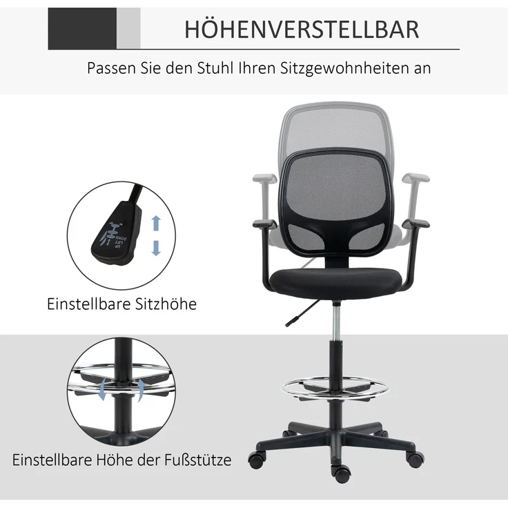 MELAYR, Zeichenstuhl mit Fußstütze 5 Rollen höhenverstellbar Stahl Mesh-Stoff Schwarz, 60 x 56 x 132 cm – Bild 6
