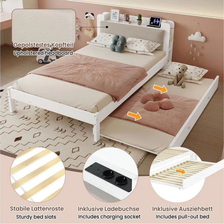 i@home Funktionsbett 120x200 cm Weiß mit Ausziehbett 90x190 cm, Holzbett, gepolstertem Kopfteil, Kopfteilregal, Ladestation und offenem Stauraum – Bild 3