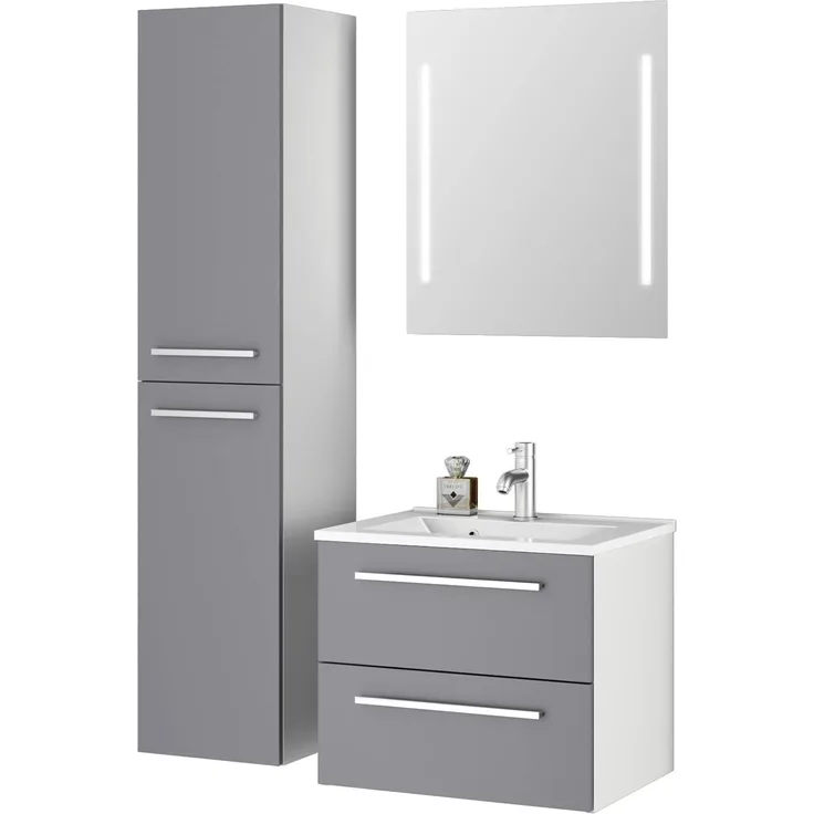Sieper I Badmöbel Set Libato, Waschtisch mit Unterschrank 60x50 cm, Hochschrank und Badspiegel I Arktisgrau