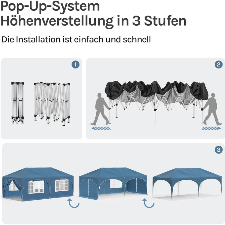 WOLTU Pavillon, Faltpavillon 3x6 m, mit 6 Seitenwänden, Partyzelt wasserabweisend UV-Schutz 50+, höhenverstellbarer Gartenpavillon, mit Tragetasche, für Outdoor Garten Camping Blau – Bild 5
