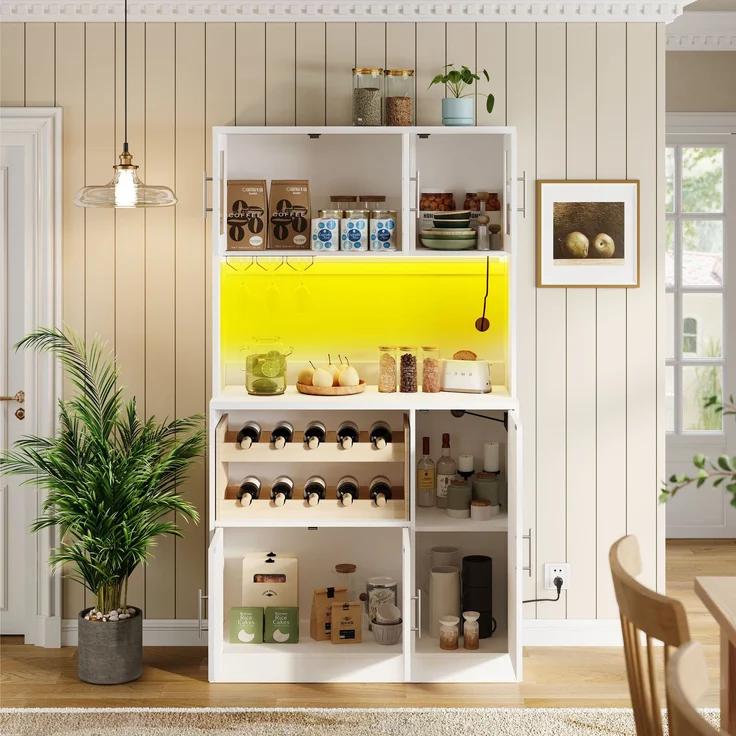 Kitchen Pantry Cabinet, Weißer Küchenschrank mit RGB-LED und Steckdose, Hoher Vorratsschrank mit Weinglashalter & Weinregal, Moderner Küchenschrank mit Glasfronten, 100x40x180 cm--Weiß--100x40x180cm--YOUDENOVA – Bild 3