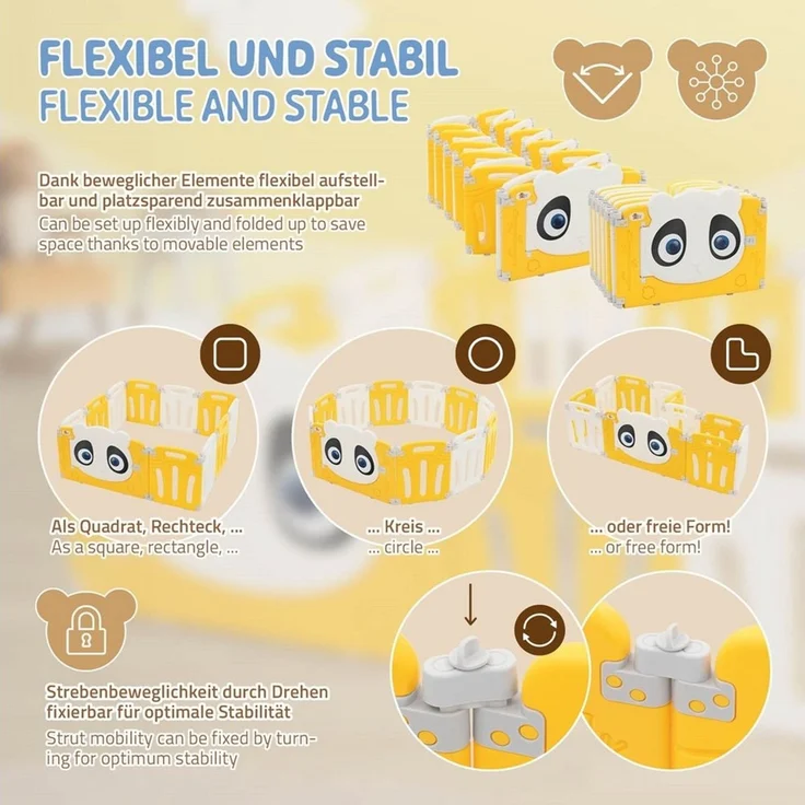 Joyz Laufgitter Laufstall Baby Krabbelgitter faltbar Absperrgitter Zaun Babygitter, Kinderlaufstall 240×240 cm Weiß-Gelb Schutzgitter mit Tür und Lernuhr – Bild 3