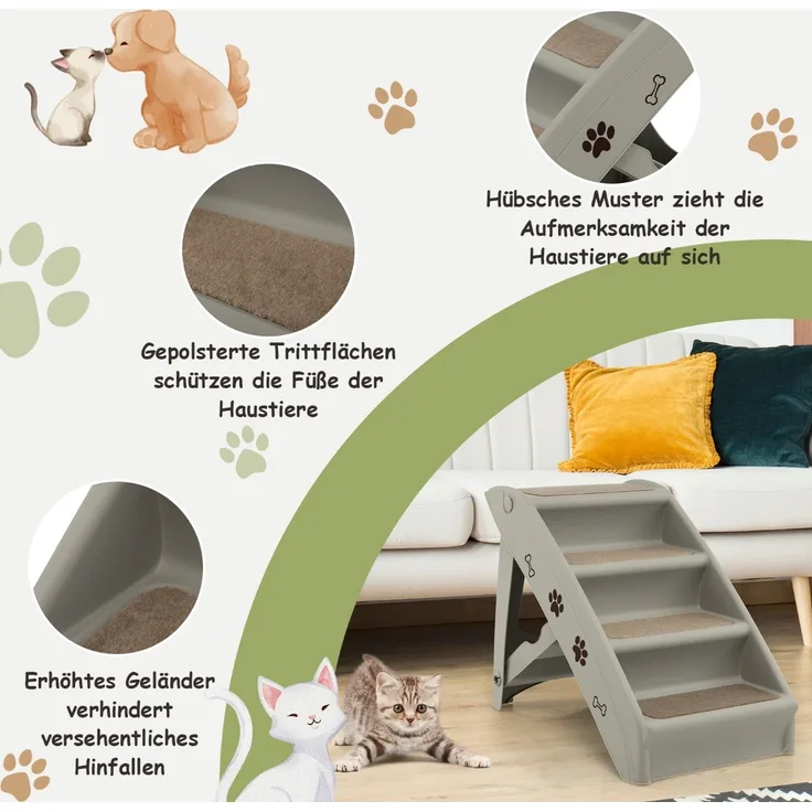 Haustiertreppe mit 4 Stufen Tragbare Kletterleiter Sichere Hunderampe 62,5 x 38 x 49 cm Grau