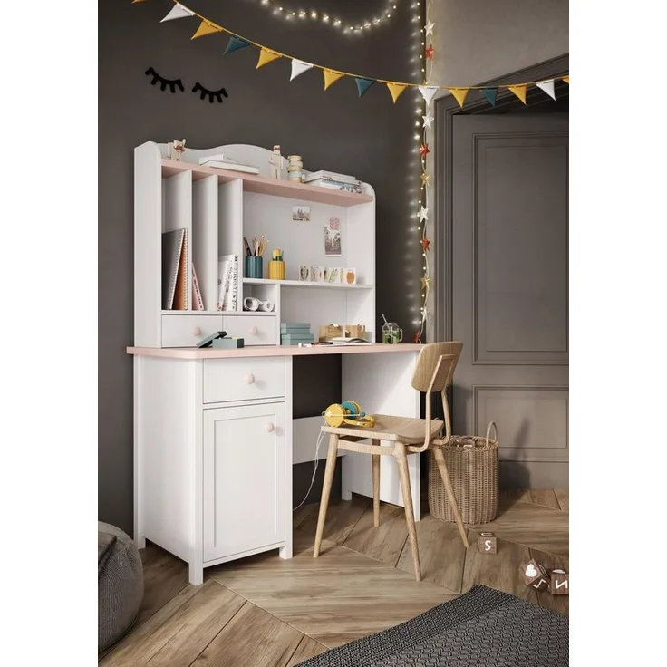 Compleo Kinderschreibtisch LARA mit Aufsatz, Schreibtisch für Mädchen, Weiß + Rosa