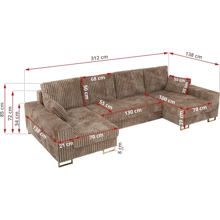 U-förmiges Ecksofa auf goldenen Metallbeinen, mit Schlaffunktion und drei Bettkästen für das Wohnzimmer - DORIAN U - Braun Cord – Bild 7