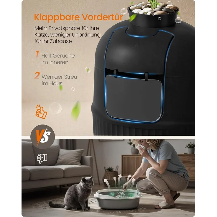 FEANDREA Katzentoilette mit Tür, Blumentopf, verstecktes Katzenklo für Wohnzimmer, mit Filter, schwarz – Bild 5