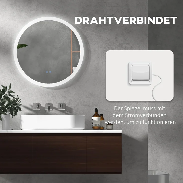 Kleankin Spiegel mit Beleuchtung, Touch-Schalter, Memory-Funktion (Wandspiegel, 1-St, Badezimmerspiegel), Anti-Beschlag, Ø60 x 3 cm – Bild 8