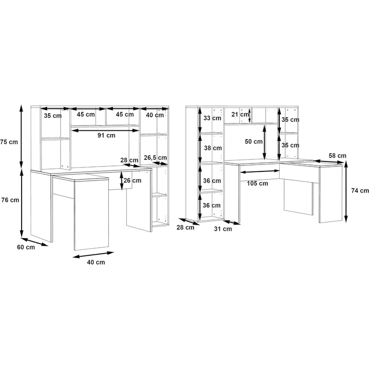 Eckschreibtisch >ERIADU< 8 Fächer, 1 Tür, Sonoma Eiche / Weiss - 173x152x116cm (BxHxT) – Bild 7