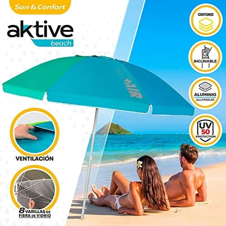 AKTIVE Strandschirm 220 cm, großer Sonnenschirm, belüftetes Dach, 28-32 mm Mast, UV 50 Schutz, mehrfarbiges Design, inkl. Aufbewahrungstasche (62222) – Bild 2