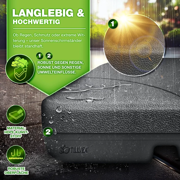 tillvex® Sonnenschirmständer Anthrazit 60 Liter / 80 kg – 4-teilig für Ampelschirm inkl. Metallverbinder | Schirmgewicht befüllbar mit Wasser oder Sand | Schirmständer Ampelschirmständer wetterfest – Bild 5