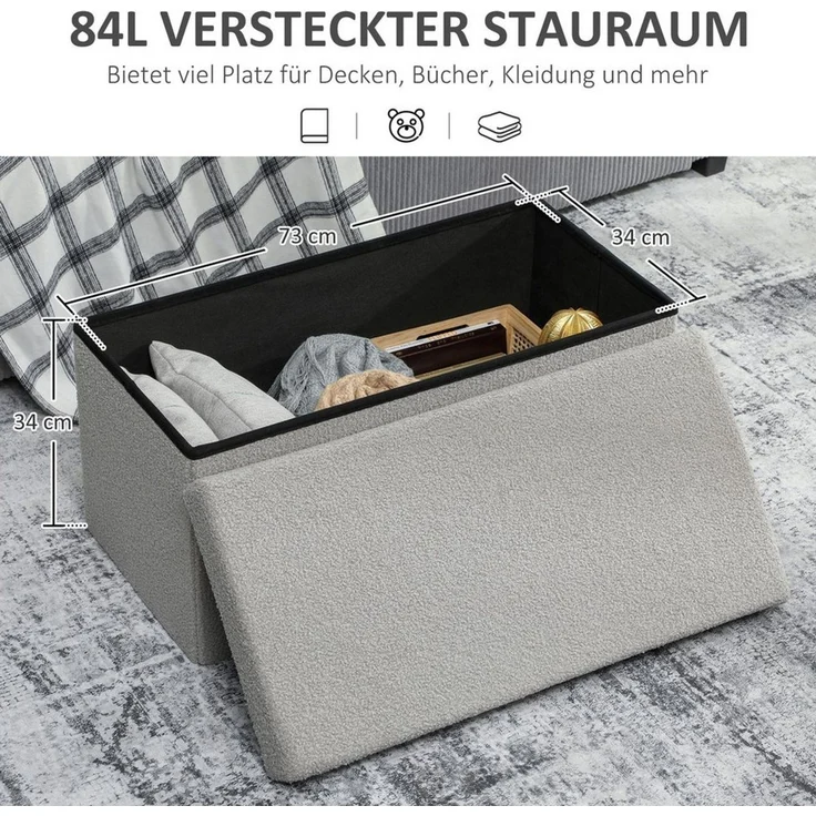 HOMCOM Sitzbank mit Stauraum faltbar Polsterbank mit Samtoptik, Sitztruhe, Truhenbank für Wohnzimmer Schlafzimmer Flur 76 x 38 x 38 cm, Hellgrau – Bild 3