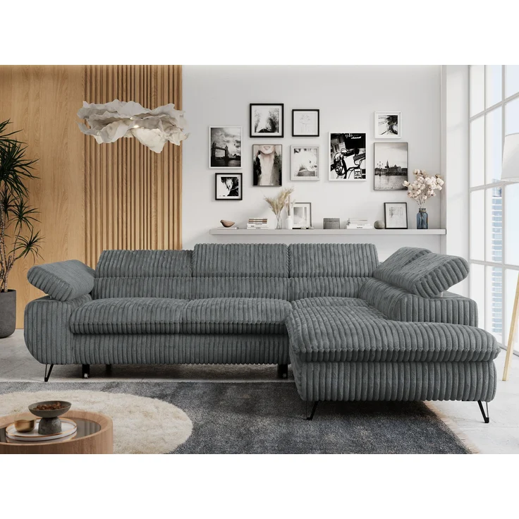 Mks Möbel 'Peter L-form' Ecksofa mit Bettfunktion, Bettkasten & einstellbaren Kopfstützen, Dunkelgrau, Cord, mit Topper, rechts – Bild 1