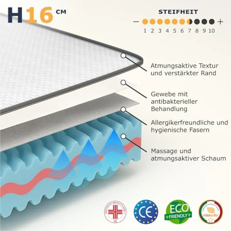 miasuite i sogni italiani Matratze Memory 90x200, Höhe 16 cm - 100% Made in Italy - Antiallergisch, Antibakteriell, Antimilbe - Orthopädisch, Medizinisches Gerät | Primavera – Bild 4