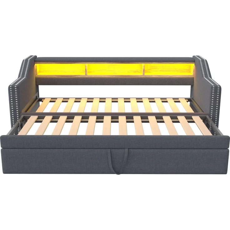 Polsterbett Ausziehbares Schlafsofa 90/180 x 190 cm, Multifunktionales Staufach, LED-Licht und USB-Buchse, mit Lattenrost, Dunkelgrau – Bild 8
