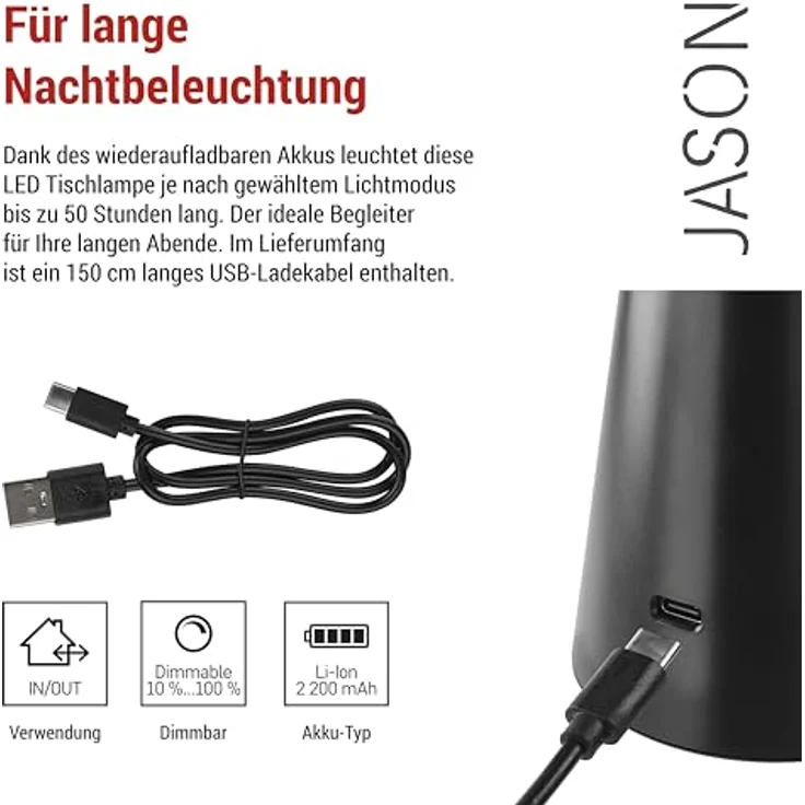 EMOS LED Akku-Tischlampe JASON, 2,2W, 180lm, 2200mAh Li-Ion Akku, 50h Leuchtdauer, dimmbar, einstellbare Lichtfarbe, schwarz, IP44, 1,5m USB-Kabel – Bild 2