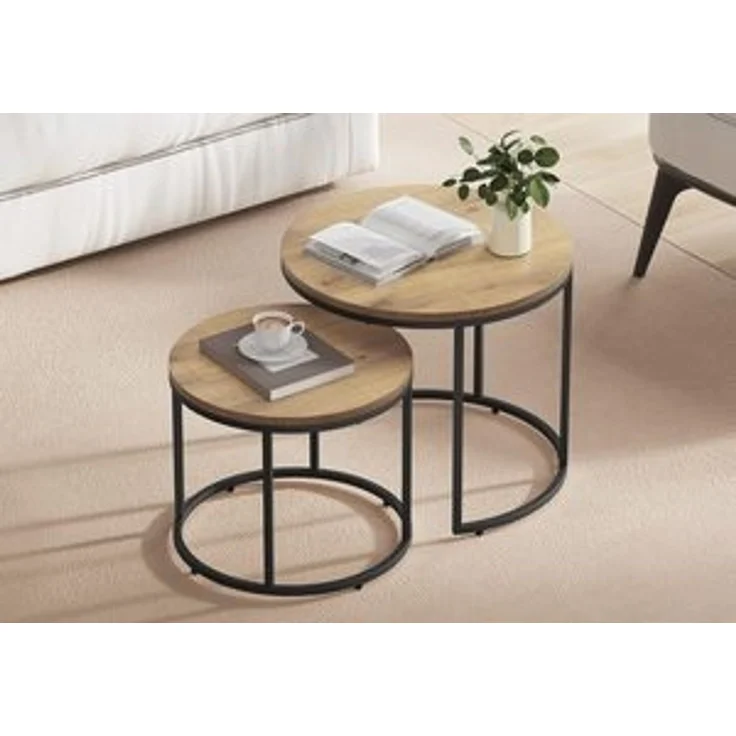 Home Collective Couchtisch 2er Set Beistelltisch Loft Design 2in1 Verschachtelung Wohnzimmer, kratzfeste Oberfläche 53cm & 43cm Sonoma-Eiche, schwarzen Beinen rund – Bild 6