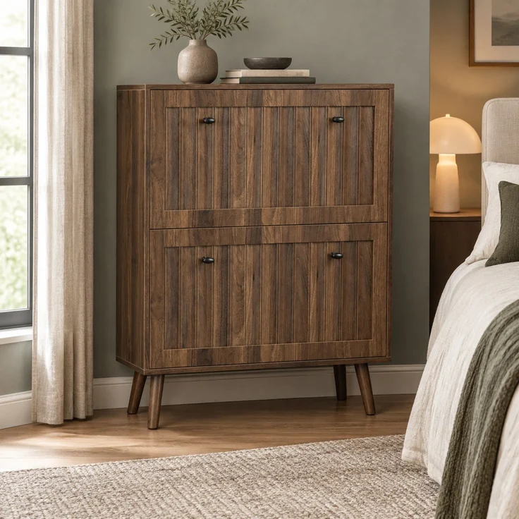 DESVIAE Garderobenschrank Schuhschrank Walnussfarben aus MDF/Spanplatte – 80x95x24 cm – 2 Kippfächer – Bild 6