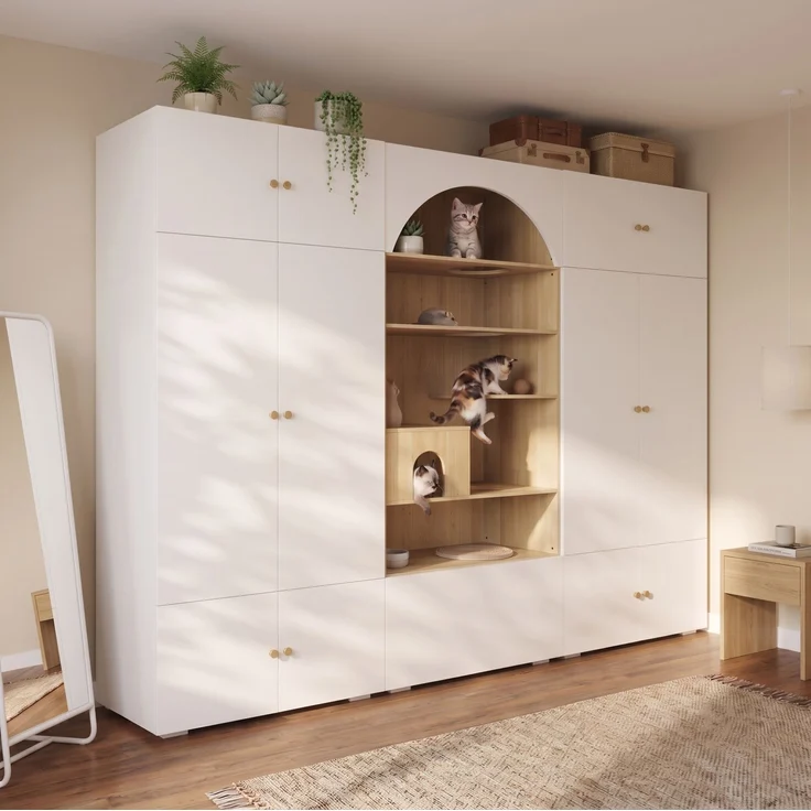 CHICFURN Kleiderschrank 270x200x50 cm mit Kleiderstange und Katzenkletterwand – Weiß/Holzoptik – Bild 1