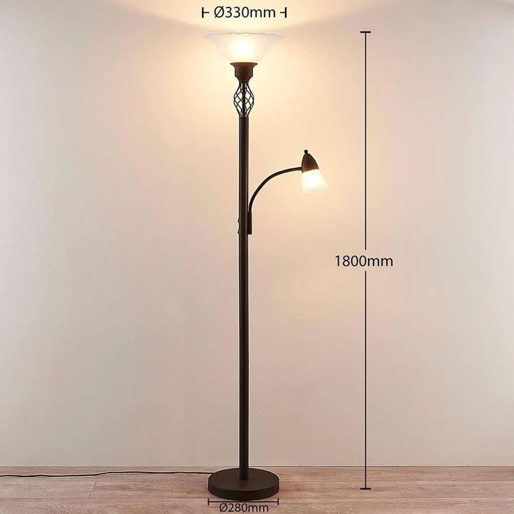 Lucande Stehlampe Dunja, Metall, Braun IP20, 1 x 15 W LED E27 + 1 x 10 W LED E14 – Bild 4