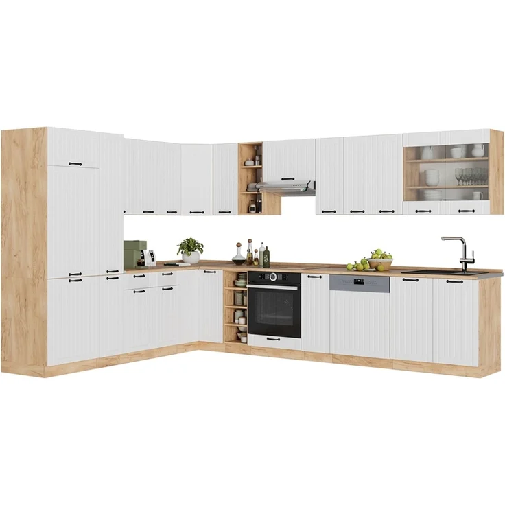 Eckküche Fame-Line Weiß Landhaus/Goldkraft Eiche 347 x 257 cm, AP Eiche Vicco – Bild 6