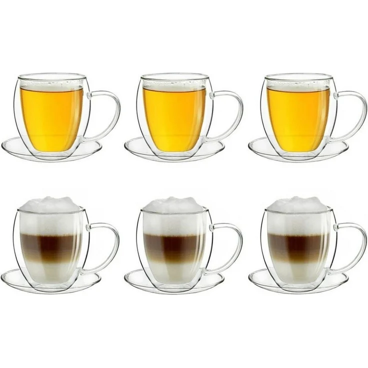 Creano Teeglas Thermotasse 6er-Set doppelwandig mit Untertasse 250ml, Borosilikatglas, 6 Gläser – Bild 1