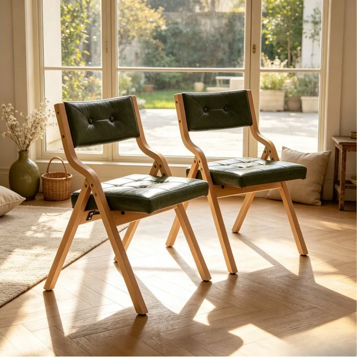 SeedWave Esszimmerstuhl 2er Set Klappstühle Kunstleder Faltstuhl mit Gebogenem Holzgestell (2er Set), Vintage-Lederoptik Folding Chair mit Knopfheftung, 130 kg belastbar – Bild 2