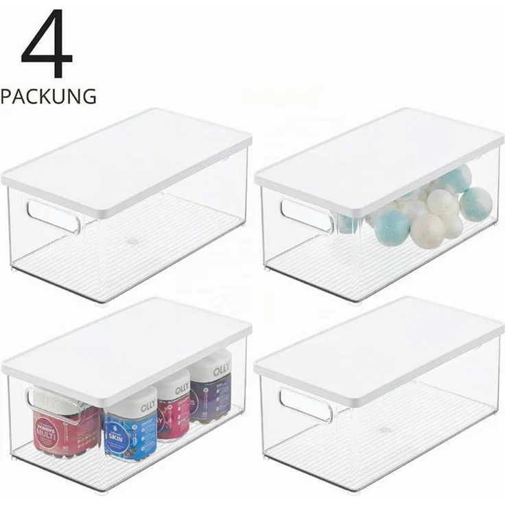 mDesign Aufbewahrung 4er-Set Organizer Ablage Griffe Deckel Weiß Box Transparent – Bild 4