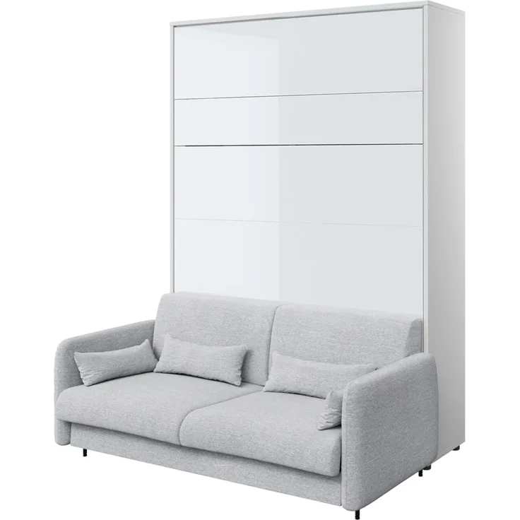 MEBLINI Schrankbett BC-12 - 160x200cm Vertikal - Weiß Hochglanz/Grau - mit Sofa - Wandbett mit Lattenrost - Klappbett mit Schrank - Wandklappbett - Murphy Bed