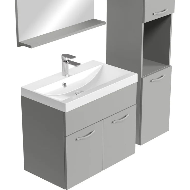 Badplaats Badmöbel Komplettset Montreal 60x35 cm Grau Matt - Badezimmermöbel mit Waschbecken, Spiegelschrank und Badezimmerschrank – Bild 4