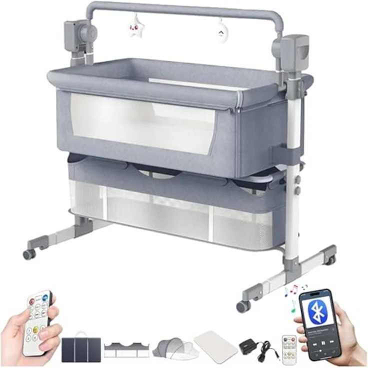Magic ZC Elektrische Bluetooth Intelligent Beistellbett Baby mit Rollen, Faltbar Co-Sleeping Babybett, Fernbedienung und 5-schwankende Zahnräder, Stubenwagen Kleinkind Wiege mit Musik (601 Mid Grey) – Bild 1