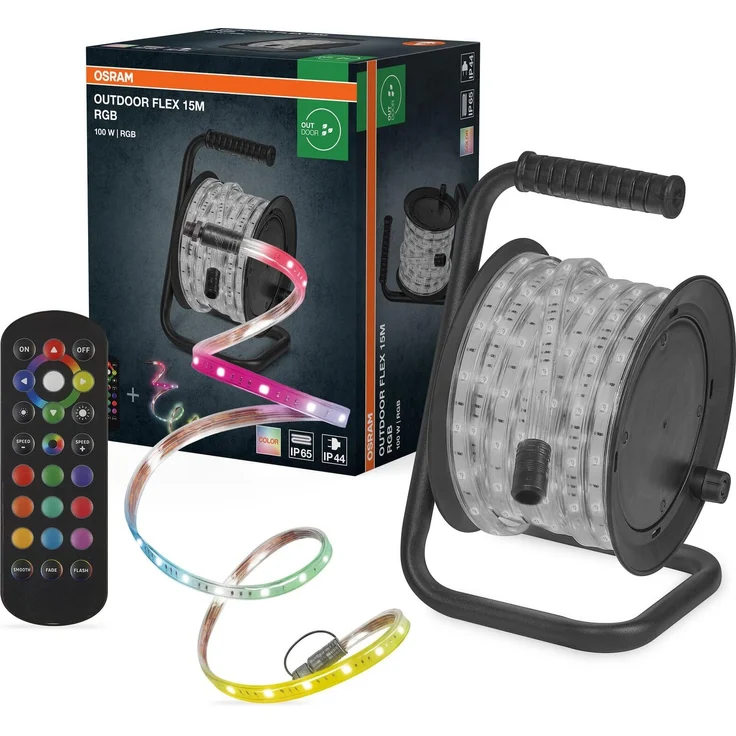 Osram Outdoor Flex RGB LED Streifen 15M IP65, inkl. Fernbedienung, bis 50 m erweiterbar, mit Kabeltrommel, Anschlusskabel, Zubehör