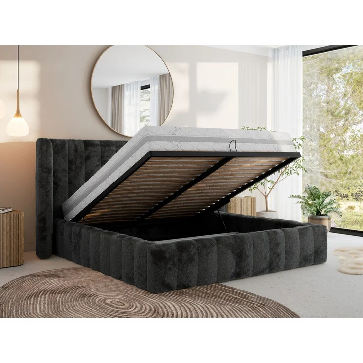 Polsterbett GOLETTA CLASSIC 160 x 200 cm mit gepolstertem Kopfteil, stabilem Bettrahmen, Lattenrost und Bettkasten mit Gasdruckfedern, Doppelbett, zeitloses Design - Dunkelgrau Plüsch – Bild 3