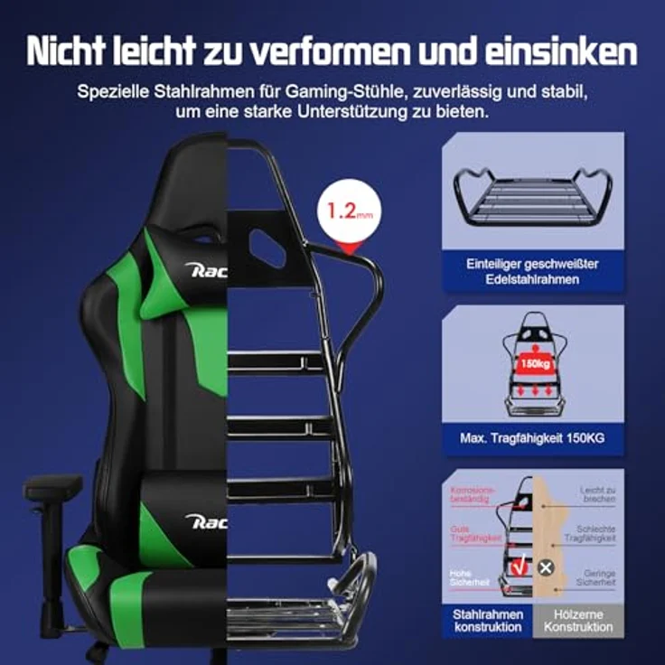 Homimaster Gaming Stuhl, Bürostuhl Ergonomisch mit verstellbare Lendenkissen, Kopfkissen und Armlehnen, Gaming Chair Gepolstert, Gamer Stuhl Wippfunktion, Gaming Stuhl 150 kg Belastbarkeit – Bild 7