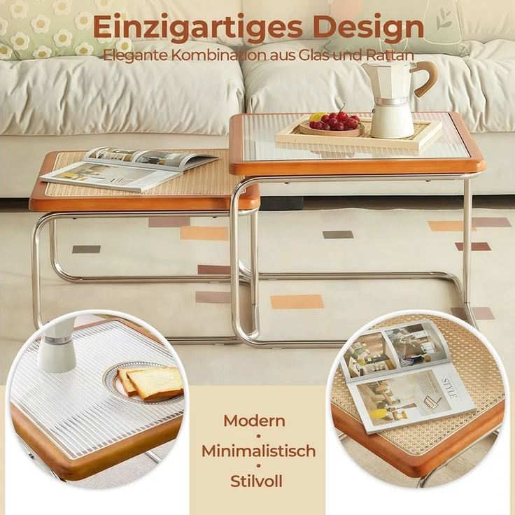 PFCTART Couchtisch 2er Couchtisch Set mit Glas & Rattan im Nesting-Design (2-St, 56/50 cm Beistelltisch für Wohnzimmer, Sofa & Lounge), Platzsparend stapelbar, Metallgestell & Kautschukholzrahmen – Bild 3