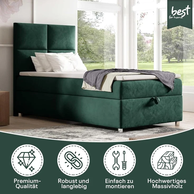 Best for Home Boxspringbett K2 SINGLE mit Bettkasten (Grun 90x200) – Bild 2