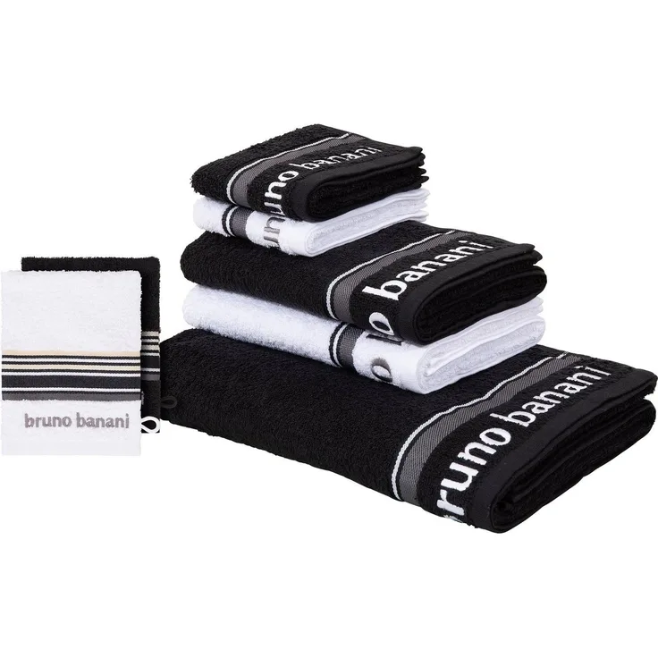 Bruno Banani Handtuch Set Maja, 1 Duschtuch, 2 Handtücher, 2 Gästehandtücher, 2 Waschhandschuhe, Walkfrottee (Set, 7-St), mit Bordüre und Markenlogo, 7 teiliges Handtücher Set, 100% Baumwolle