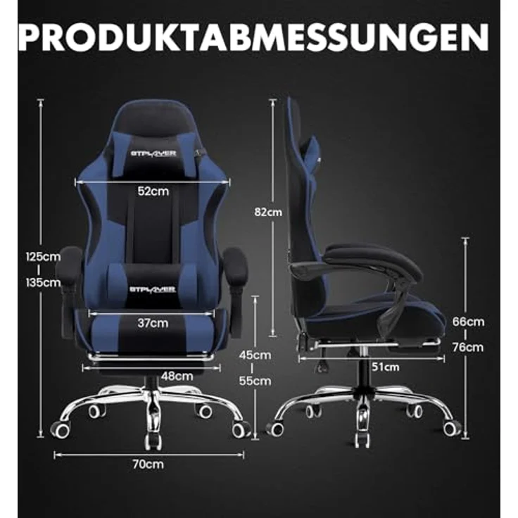 GTPLAYER Gaming Stuhl, Bürostuhl, Ergonomischer Pc Stuhl, Gaming Sessel mit Massagelendenwirbelstütze, Task Stühle mit Fußstütze und Kopfstütze, Blau Stoff – Bild 4