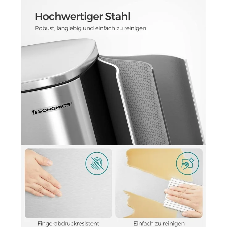 Songmics Mülleimer mit Deckel und Softclose, Stahl, 42,5 x 31,8 x 65,7 cm, 50 Liter, Silbern – Bild 2