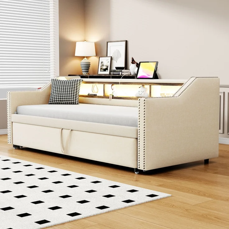 Polsterbett Ausziehbares Schlafsofa 90/180 x 190 cm, Multifunktionales Staufach, LED-Licht und USB-Buchse, mit Lattenrost, Beige – Bild 2
