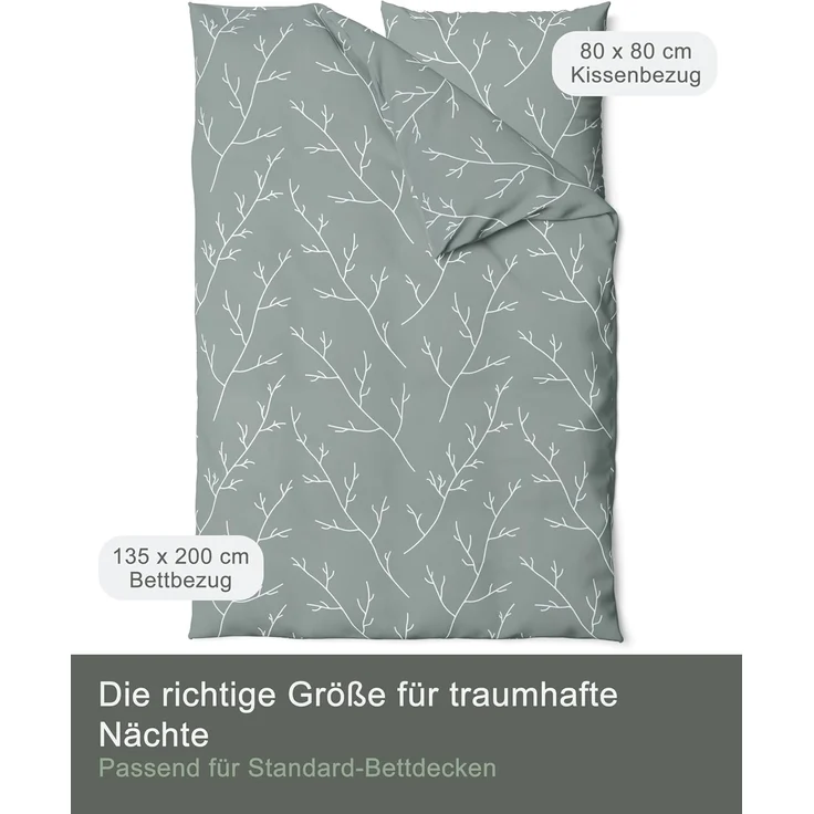 LINKHOFF Bettwäsche Renforce Bettwäsche 135x200cm + 80x80cm 2tl. - Zweigemuster in Jade, Grün/Weiß Bettwäsche Äste Zweige Grün - 100% Baumwolle – Bild 2