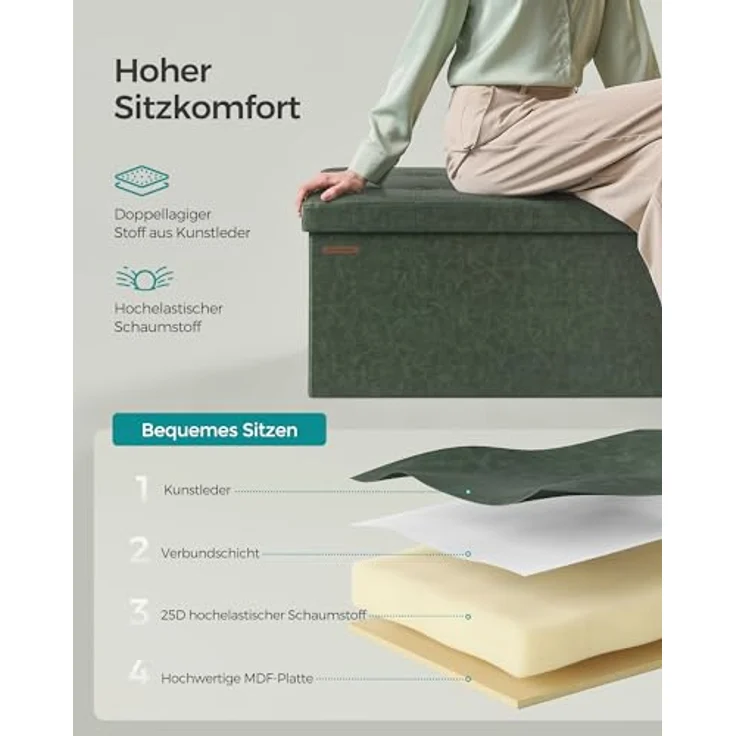 Songmics Sitzhocker Sitztruhe Sitzbank, Waldgrün, 76L cm – Bild 7