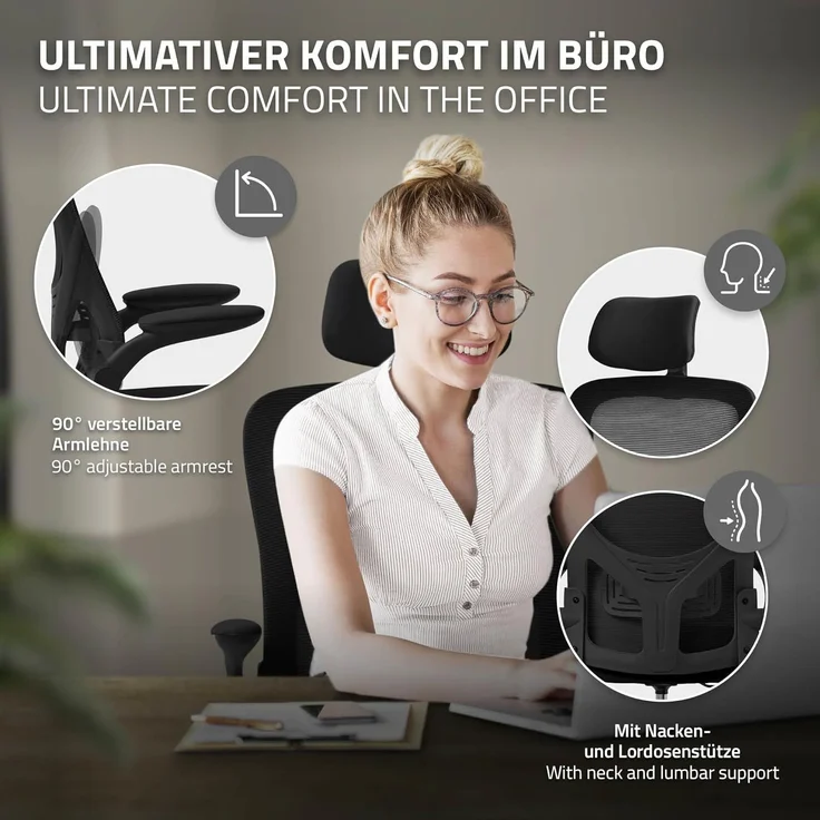 ML-DESIGN Bürostuhl Schreibtischstuhl ergonomisch mit verstellbarer Kopfstütze, Armlehnen, Drehstuhl mit Rollen Schwarz Computerstuhl Chefsessel Gaming-Stuhl – Bild 1