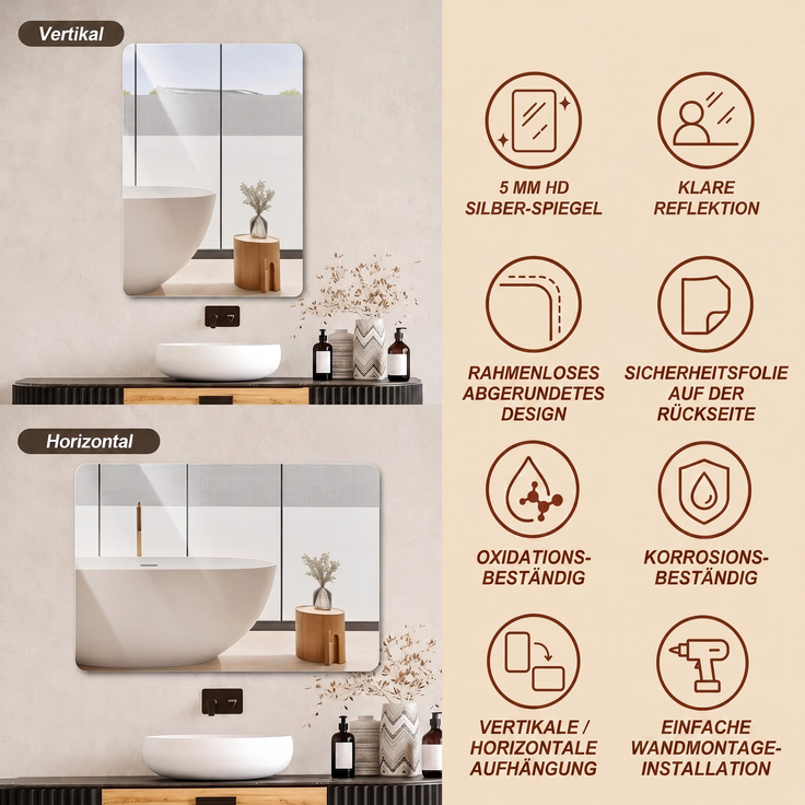 50*70 cm Badezimmerspiegel, rahmenlos mit abgerundeten Ecken, 5 mm HD-Silberspiegel, Sicherheitsfolie, horizontal oder vertikal montierbar--Silber--50x70x1.5cm--YOUDENOVA – Bild 6
