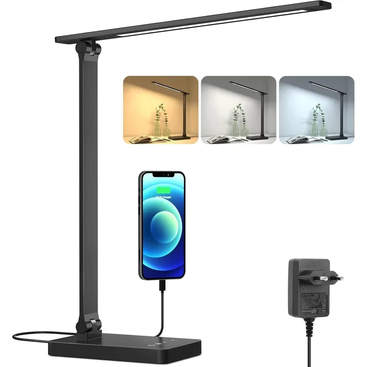 Lepro Schreibtischlampe, LED Tischlampe 15W, 655LM Tischleuchte 3 Farben, 5 Helligkeitsstufen Dimmbar mit USB-Anschluss, Schreibtischleuchte Augenschutz, Leselicht für Büro, Schwarz