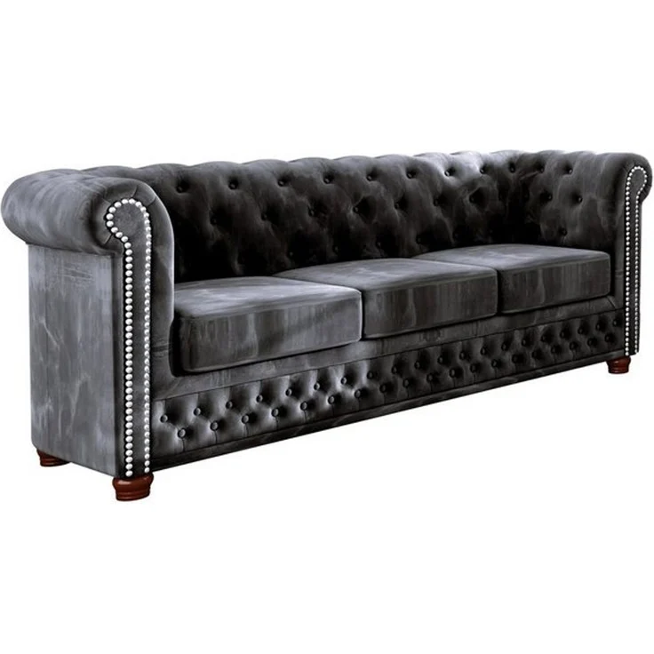 S-Style Möbel Chesterfield-Sofa Leeds 3-Sitzer aus Samt-Stoff mit Holzfüßen, mit Wellenfederung – Bild 4